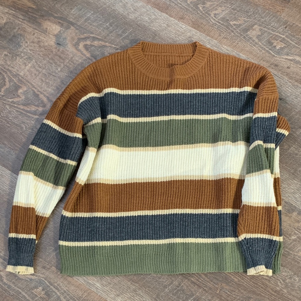 Striped Tan, Green, Cream, and Gray Women's Sweater size S